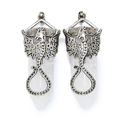 Хрусталь Большие подвески с ограненными заостренными пулями из натуральных кристаллов кварца, Покрытие стойки антикварное посеребрение, подвески в виде дракона из горного хрусталя из сплава, без кадмия и без свинца, 55~58.5x22.5~23x18.5 мм, отверстие : 4.8x7.8 мм