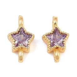 Oro Conectores de latón con circonitas cúbicas lilas engastadas, enlaces estrella, chapado en rack, larga duración plateado, dorado, 9.5x5x3 mm, agujero: 1.2 mm