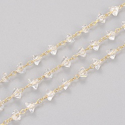 Clear Handmade Glass Beaded Chains, with Golden Tone Brass Findings, Soldered, Long-Lasting Plated, Triangle, Faceted, Clear, 3.5~4x4~4.5x3mm, about 32.8 Feet(10m)/roll