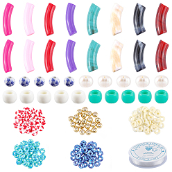 Mixed Color Nbeads DIY Chunky Tube Beads Bracelet Making Kit, Including Porcelain Ceramic & Polymer Clay & Acrylic & Brass Spacer Beads, Natural  Pearl Beads, Elastic Thread, Mixed Color, Tube Beads: 48pcs/set