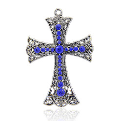 Сапфир Старинное серебро крест тон сплава горный хрусталь большие кулоны, сапфир, 72x50x8 мм, отверстие : 3 мм