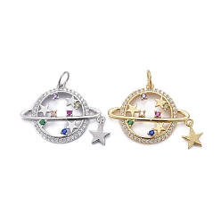 Mixed Color Brass Micro Pave Colorful Cubic Zirconia Pendants, with Jump Rings, Long-Lasting Plated, Star with Star, Mixed Color, 18x24x3mm