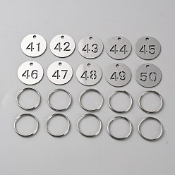 Stainless Steel Color 201 Stainless Steel Numbered Marking Identification Hang Tags, Luggage Labels, ID Tag, Number Markers, with Iron Key Rings, Flat Round with Hollow Number, Stainless Steel Color, 23x1mm, 10pcs