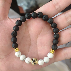 Смешанные камни Браслеты из круглых бусин из натурального говлита, лавового камня и кубического циркония для мужчин и женщин. Браслеты из круглых бусин для мужчин и женщин., с синтетическим немагнитным гематитом, 7-3/8 дюйм (18.6 см)
