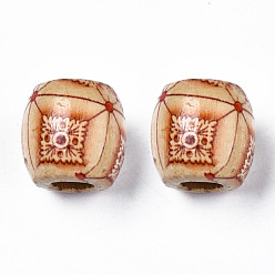 PapayaWhip Printed Natural Wood Beads, Macrame Beads Large Hole, Barrel with Square and Flower, PapayaWhip, 18x17mm, Hole: 7mm, about 310pcs/500g