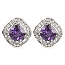 Фиолетовый Серьги-гвоздики с ромбами из кубического циркония, ювелирные изделия из латуни и платины для женщин, фиолетовые, 15x15 мм