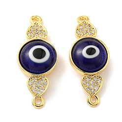 Marine Blue Brass Micro Pave Clear Cubic Zirconia Connector Charms, with Lampwork, Evil Eye with Heart, Real 18K Gold Plated, Marine Blue, 28.5x11x4.5~5mm, Hole: 1.4mm
