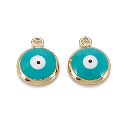 Темно-бирюзовый Латунь эмаль прелести, с целью перехода в кольце, реальный 18 k позолоченный, долговечный, без свинца, без никеля и без кадмия, плоские круглые с сглаза, темные бирюзовый, 13x10x2.5 мм, отверстие : 1.2 мм
