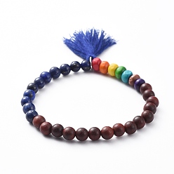 Lapis Lazuli Chakra Jewelry, Stretch Charm Bracelets, with Wood Beads, Natural Lapis Lazuli(Dyed) Beads and Cotton Tassel, 2-1/8 inch(5.5cm)