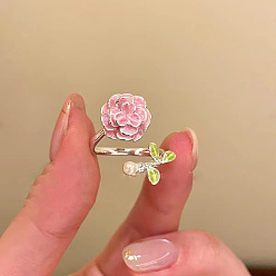 Platinum Alloy Enamel Cuff Open Rings for Women, Flower, Platinum, Inner Diameter: 15~20mm