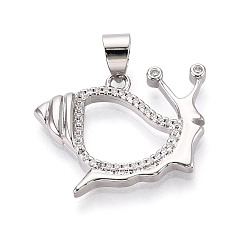 Платина Латунные микропаве прозрачные подвески с фианитом, без кадмия и без свинца, улитка, платина, 18x24x3 мм, отверстие : 6x4 мм