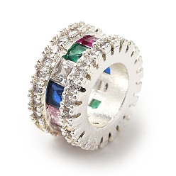 Серебро Плоские круглые латунные микропаве цветные кубические циркониевые европейские бусины, бусины с большим отверстием, долговечный, без кадмия и без свинца, серебряные, 10x5 мм, отверстие : 5.5 мм