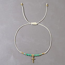 Зеленый агат Браслеты из плетеных бусин из натурального зеленого оникса и агата, Браслеты с подвесками в виде креста из нержавеющей стали для женщин, граненые