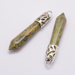 Унакит Натуральный unakite большие остроконечные подвески, со сплавочной фурнитурой, пуля, платина, 57~63x13x10 мм, отверстие : 3x4 мм