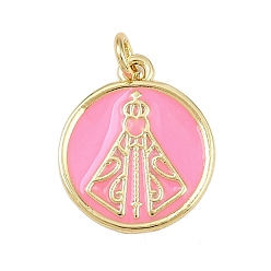Pink Латунь эмаль подвески, с целью перехода в кольце, плоский круглый с подвесками nossa senhora aparecida, без свинца и без кадмия, долговечный, реальный 18 k позолоченный, стойки покрытие, розовые, 16.5x14x1.5 мм, отверстие : 2.5 мм