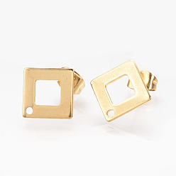 Other Color 304 Stainless Steel Stud Earring Findings, Ear Nuts/Earring Backs, Rhombus, Real Gold Plated, 14x14mm, Hole: 1mm, Pin: 0.8mm,