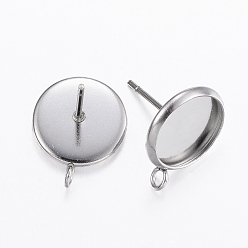 Нержавеющая Сталь Цвет Не тускнеет 304 серьги-гвоздики из нержавеющей стали, с петлей, плоско-круглые, цвет нержавеющей стали, лоток : 10 мм, 15x12x1.5 мм, отверстие : 2 мм, штифты : 0.8 мм