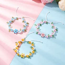 Mixed Color 3Pcs Flower Handmade Porcelain and Cat Eye and Acrylic Beads Braided Bead Bracelets, Adjustable Braided Nylon Cord Bracelet for Women, Mixed Color, Inner Diameter: 2-1/4~2-3/4 inch(5.6~7cm)