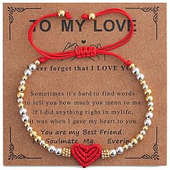 Красный Регулируемые латунные круглые бусины, плетеные браслеты из бусин, Браслеты из нейлонового шнура в форме сердца, плетеные для пары., с бумажной карточкой, красные, 11.02 дюйм (28 см)