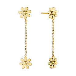 Golden Stainless Steel Dangle Stud Earrings, with Chains, Daisy Flower, Golden, 8mm