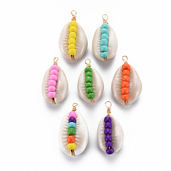 Mixed Color Cowrie Shell Pendants, with Plastic Bead and Golden Brass Findings, Mixed Color, 28~33x13~17x11~12mm, Hole: 1.5~4mm