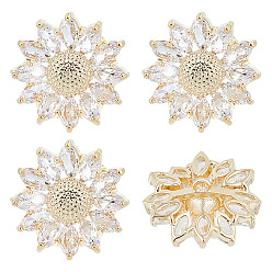 Золотой 4 шт. 1 латунные пуговицы с прозрачными кубическими циркониями, паве, цветок, золотые, 19x7.5 мм, отверстие : 1.4 мм
