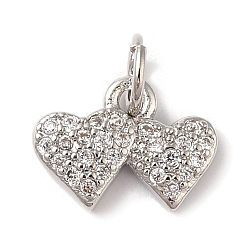 Платина Подвески из латуни и прозрачного циркония с покрытием стойки, без кадмия и без свинца, долговечный, сердце, с целью перехода в кольце, платина, 9.5x11x2 мм, отверстие : 5 мм