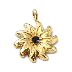 Jet Ion Plating(IP) 304 Stainless Steel Pendants, Real 18K Gold Plated, with Rhinestone, Flower Charm, Jet, 15x12x2.5mm, Hole: 2mm