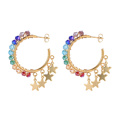 Golden Dangle Stud Earrings, Half Hoop Earrings, with Glass Beads, Brass Charms, 304 Stainless Steel Stud Earring Findings, Ear Nuts and Cardboard Box, Star, Golden, 49mm, Pin: 0.8mm