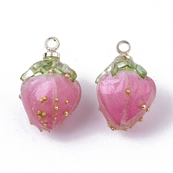 Hot Pink Handmade Flower Epoxy Resin Pendants, with Brass Peg Bails and Glass Micro Beads, Bud, Golden, Hot Pink, 14~15x9~10x9~10mm, Hole: 1.2mm