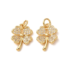 Clear Brass Micro Pave Cubic Zirconia Pendants, Clover Charms, Rack Plating, Long-Lasting Plated, Lead Free & Cadmium Free, Real 18K Gold Plated, Clear, 16x12x2.5mm, Hole: 3mm