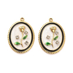 Белый 304 нержавеющей стальной эмали подвески, со стразами, овал с цветочными подвесками, ионное покрытие (ip), реальный 18 k позолоченный, белые, 26x19x4 мм, отверстие : 1.8 мм