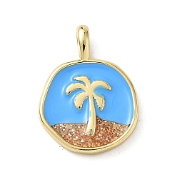 Темно-Голубой Латунь эмаль подвески, плоские круглые с кокосовой пальмы, стойки покрытие, долговечный, без свинца и без кадмия, реальный 18 k позолоченный, глубокое синее небо, 18.5x13.5x2 мм, отверстие : 3.6x2.2 мм