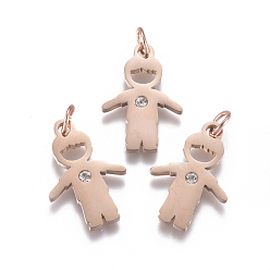Розовый Позолоченный 316 хирургические подвески из нержавеющей стали, с микропаве и фианитом, долговечный, мальчик, прозрачные, Настоящее розовое золото покрыто, 19x13.5x2 мм, отверстие: 3.5 мм