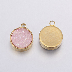 Pink Electroplate Natural Druzy Agate Charms, with Brass Findings, Flat Round, Golden, Pink, 14.5x11.5x4~5mm, Hole: 2mm