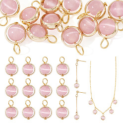 Pink 12 шт. круглые подвески из латуни и стекла с имитацией кошачьего глаза, с 304 петлями из нержавеющей стали, золотые, розовые, 12.1 мм, отверстие : 2.2 мм