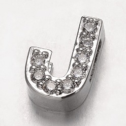 Letter J Platinum Plated Brass Micro Pave Cubic Zirconia Letter Slide Charms, Letter.J, 9.5x6.5x4.5mm, Hole: 4.5x1.5mm