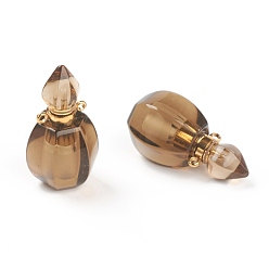 Smoky Quartz Faceted Natural Smoky Quartz Pendants, Openable Perfume Bottle, with Golden Tone Brass Findings, 32~33x17~18x16mm, Hole: 2mm, capacity: 1ml(0.03 fl. oz)