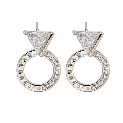 Платина Серьги-пусеты из латуни с микропаве и прозрачным фианитом, без кадмия и без свинца, долговечный, кольцо с треугольником, платина, 17x12 мм, штифты : 0.8 мм