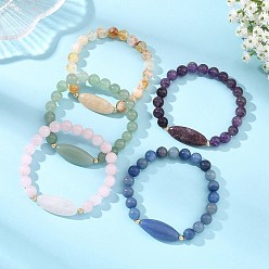 Mixed Color Natural Mixed Stone Round and Oval Beaded Stretch Bracelets, with Brass Beads, Golden, Mixed Dyed and Undyed, Mixed Color, Inner Diameter: 2.22 inch(5.65cm)