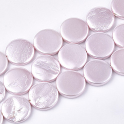 Pink Spray Paint Freshwater Shell Beads Strands, Pearlized Style, Flat Round, Pink, 16x3~4mm, Hole: 1mm, 25pcs/strand, 15.7 inch