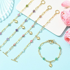 Doré  Bracelet à maillons en laiton avec pendentif cœur, pierres naturelles mélangées et perles cubiques facettées., 304 bijoux en acier inoxydable pour femmes, or, 7.48 pouce (19 cm)