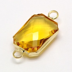 Желтый Золотистые латунные стеклянные прямоугольные звенья соединители, граненые, желтые, 22x10x5 мм, отверстие : 2 мм