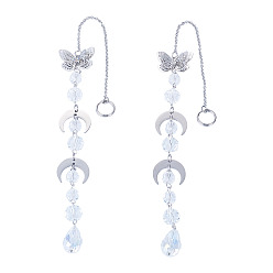 Platinum & Stainless Steel Color 2Pcs Glass Teardrop Window Hanging Suncatchers, Stainless Steel and Brass Moon Butterfly Pendants for Outdoor & Garden Decor, Platinum & Stainless Steel Color, 272mm