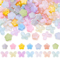 Mixed Color 140Pcs 14 Styles Acrylic Resin Beads, Glitter Beads, Flower, Butterfly, Mixed Color, 14.5~15x15~19.5x4.5~6.5mm, Hole: 1.8~2mm, 10pcs/style