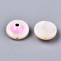 Pink Natural Freshwater Shell Beads, with Enamel, Flat Round with Evil Eye, Pink, 9x4.5mm, Hole: 0.8mm