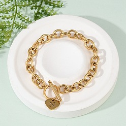 Letter N Золотые 304 браслеты с подвесками из нержавеющей стали, ювелирные изделия из кабельной цепи для женщин, сердце с письмом, с Переключить застежками, Письмо N, 8.27 дюйм (21 см)