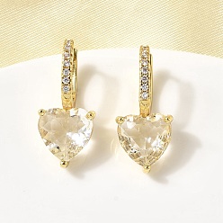Прозрачный Серьги-кольца в форме сердца с микропаве из кубических цирконий из латуни, со стеклом, долговечный, стойки покрытие, золотые, прозрачные, 23.5x10.5x11.5 мм