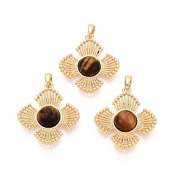 Тигровый глаз Природных тигровый глаз подвески, цветочные подвески с латунной оправой, реальный 18 k позолоченный, 25x23x5~6 мм, отверстие : 5x2.5 мм