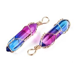 Средний Фиолетово-красный Подвески lampwork, формы пуль, обмотанных медной проволокой, граненые, золотые, средне фиолетовый красный, 43x10.5x11.5 мм, отверстие : 4~5x5.5 мм